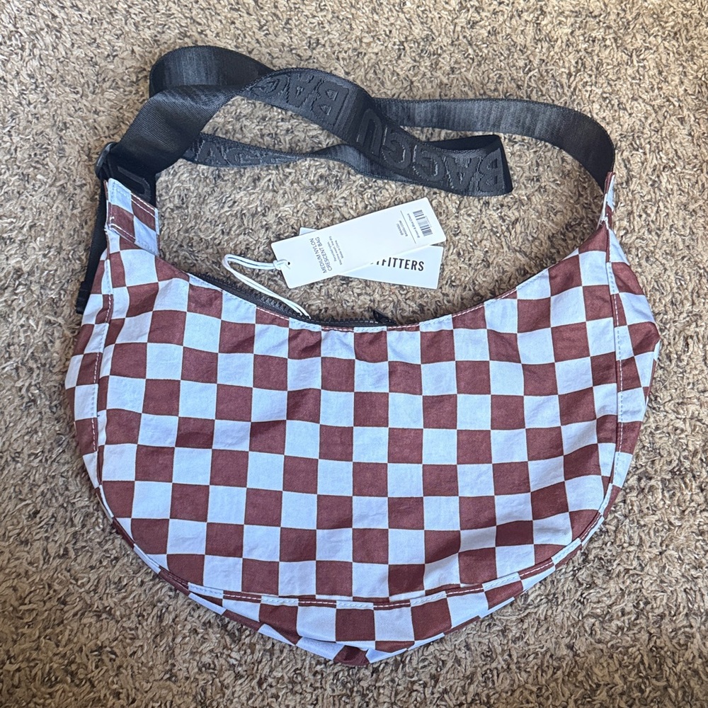 NWT BAGGU Urban Outfitters Exclusive Brown and Blue Check Medium Crescent